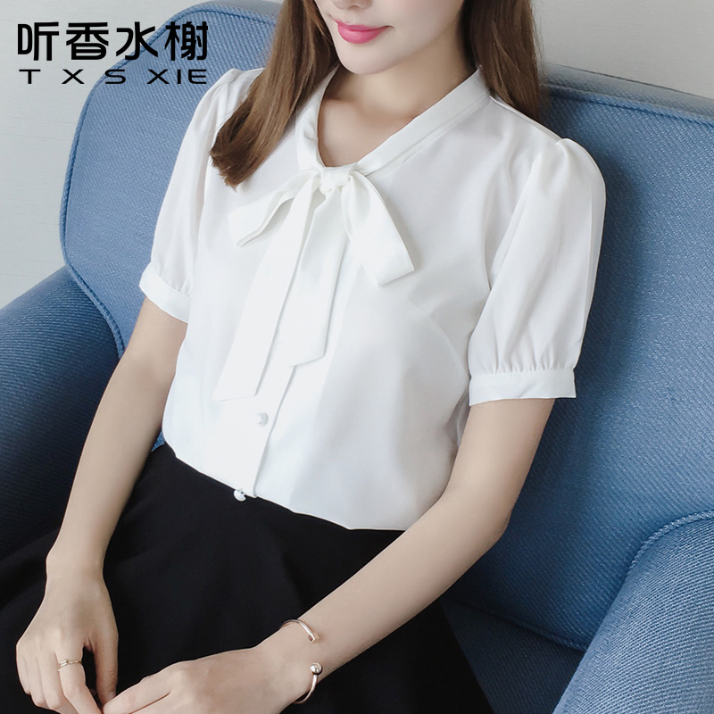 白衬衫女短袖2024夏季新款蝴蝶结雪纺衫女白色衬衣修身职业装上衣