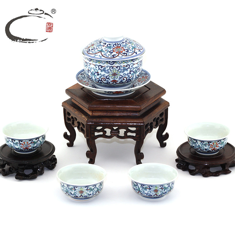 京德窑贵和祥手工茶具套组斗彩缠枝花介碗组功夫茶具礼盒套装组合