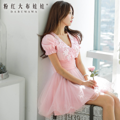 2015 summer new dress big pink rag doll girl pink mosaic dimensional flower fluffy short sleeve dress