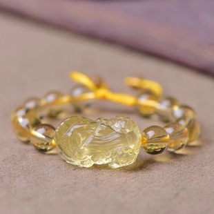 天然黄水晶貔貅手链 黄水晶手链 黄水晶皮丘手串 绳编黄水晶手串