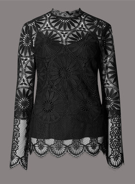 外贸英国钩花镂空黑色雏菊蕾丝相拼睫毛蕾丝上衣半高领两件套