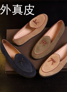 2021休闲鞋男英伦乐福鞋一脚蹬皮鞋真皮圆头百搭蝴蝶结圆头潮鞋