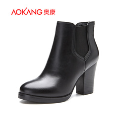 Aokang shoes 2015 fall/winter new fashion simple leather thick with round head with elastic band high heel women boots