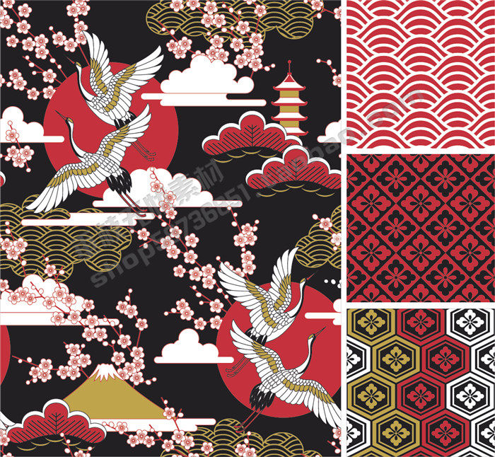 a1119矢量日本日式传统纹饰花纹背景四方连续仙鹤几何 ai设计素材