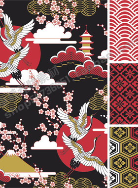 A1119矢量日本日式传统纹饰花纹背景四方连续仙鹤几何 AI设计素材