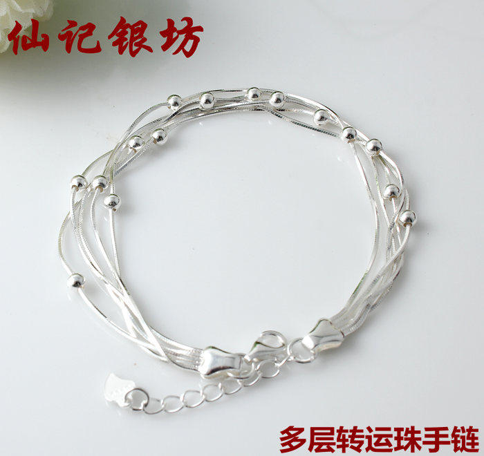 蛇骨项链银手链 S990纯银 女 韩版时尚手链银珠银手链3线多层项链
