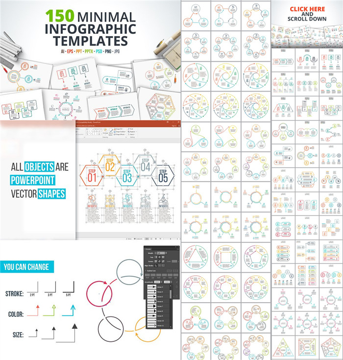 [595]AI矢量设计素材 150个扁平化可视化信息图时间线图表psd+ppt