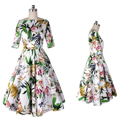 Hepburn old retro Peony prints ship in Europe and America five sleeve boat neck dress with flared skirt