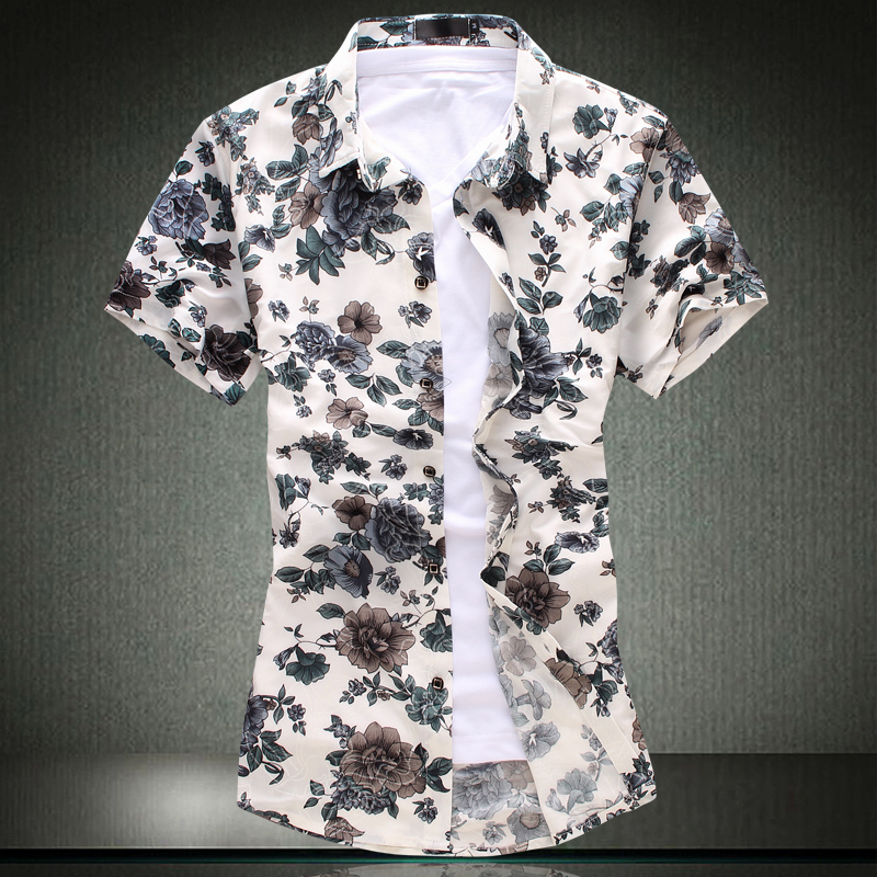 男式弹力短袖花衬衫加肥加大潮男花色衬衫667p40白色，男装T恤，星座1203