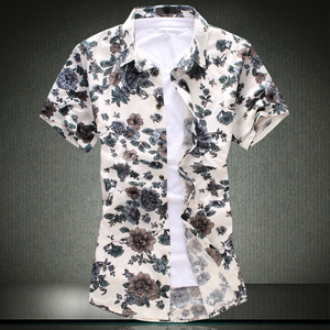 男式弹力短袖花衬衫加肥加大潮男花色衬衫667p40白色，男装T恤，星座1203