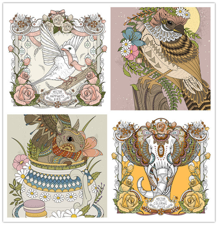 [417]复古动物插画松树大象小鸟花朵 AI矢量设计素材