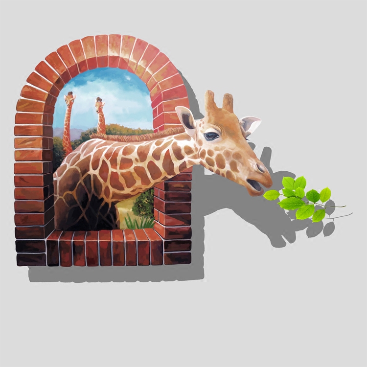 3d画馆画展墙画壁纸墙贴立体三维涂鸦设计定制窗户伸长颈鹿吃枝叶