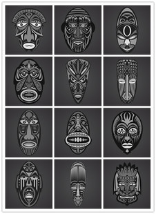 矢量设计素材 15张非洲传统纹样风格面具图腾人像图案模板EPS格式