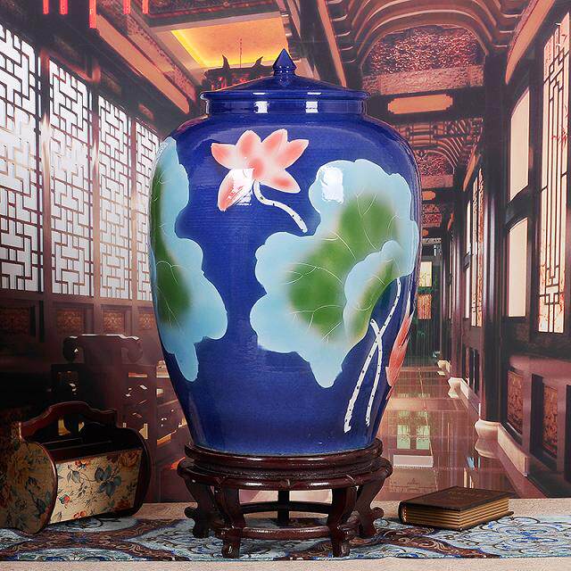景德镇高温蓝釉雕刻荷花100斤装米缸 50斤水缸 防潮米桶 茶叶罐