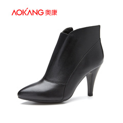 Aokang shoes autumn 2015 new high heel leather Western boots pointed side zipper fashion women's boots