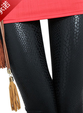 欧洲站黑色蛇纹打底裤外穿仿皮裤小脚裤九分裤薄款女春夏显瘦韩潮