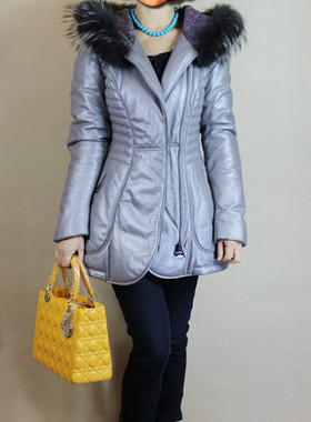 灰色珠光羊皮貉子毛狐狸毛领带帽女真皮草大衣上衣外套冬季