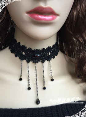 欧美蕾丝森林流苏颈链黑色项饰
