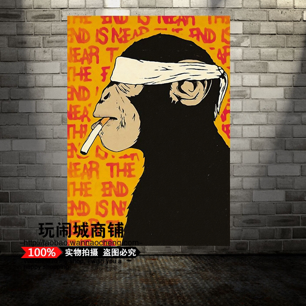 创意个性装饰画摇滚墙画复古壁画咖啡厅欧式油画酒吧猴子抽烟cy49