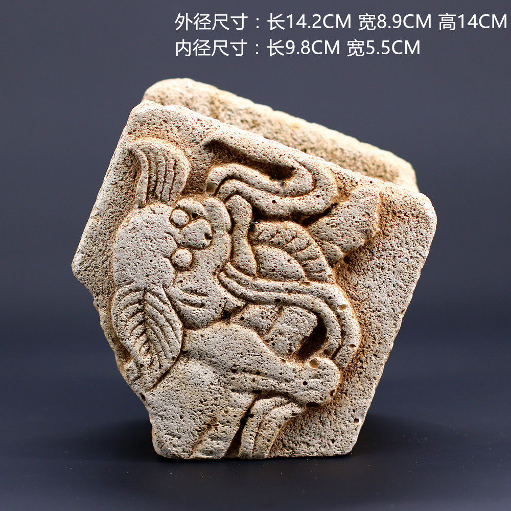 仿石头复古水泥花盆 神兽祥瑞图案做旧花器 菖蒲 绿植 多肉植物盆