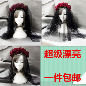 包邮 搞死哥特红玫瑰COS 鬼娃新娘傀儡娃娃双层超长头纱发箍发饰