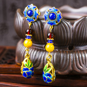 Thai new 925 Silver cloisonne earrings fashion Lady natural honey wax burning blue and gold-plated Stud female