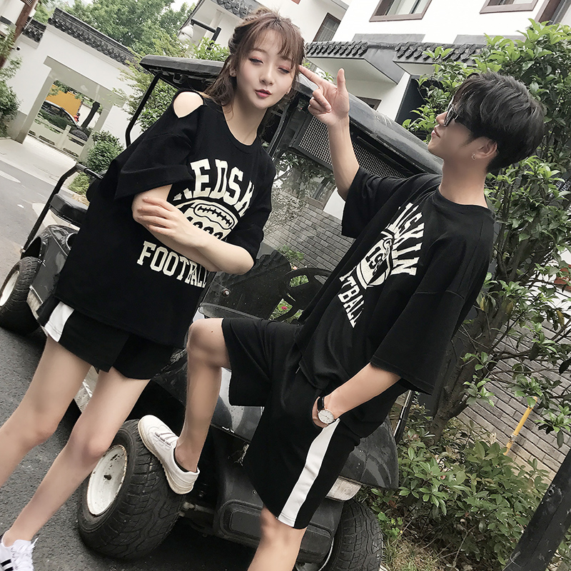 情侣装夏装2018新款韩版短袖T恤套装女夏季学生宽松半袖班服男潮
