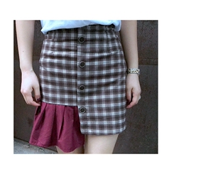 2017春夏新款韩版不规则格子拼接纯色荷叶半边短裙