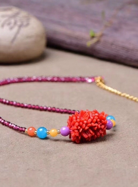 天然水晶酒红色石榴石百搭项坠