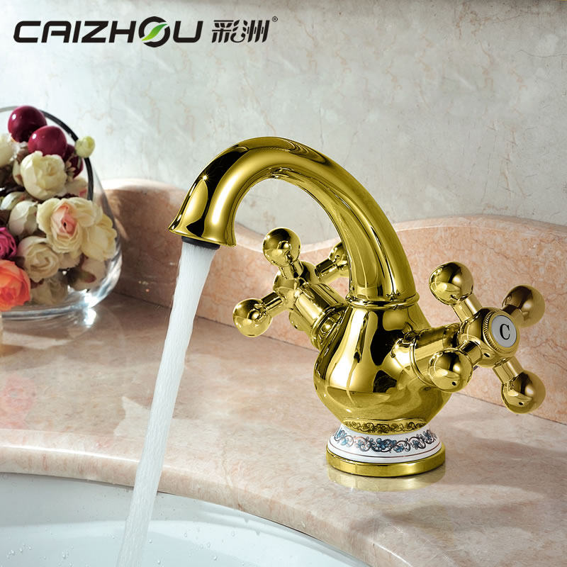 彩洲卫浴 仿古双把面盆脸盆冷热水龙头青花瓷精铜镀金PVD龙头