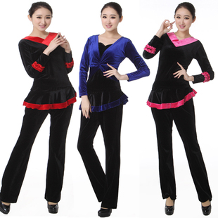 包邮广场舞服装新款中老年拉丁舞蹈服金丝绒秋冬装长袖上衣V领