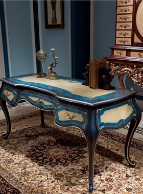 欧式实木书桌椅法式奢华老板台实木雕花意大利激光拼花蓝色办公桌