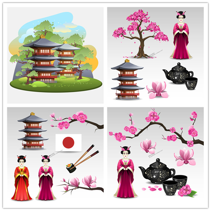 A0952矢量卡通日本日式元素古代建筑寿司花朵茶壶人物 AI设计素材