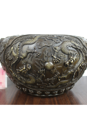 宇卓铜器带环铜缸双耳二龙戏珠缸纯铜缸工艺品摆件黄铜缸