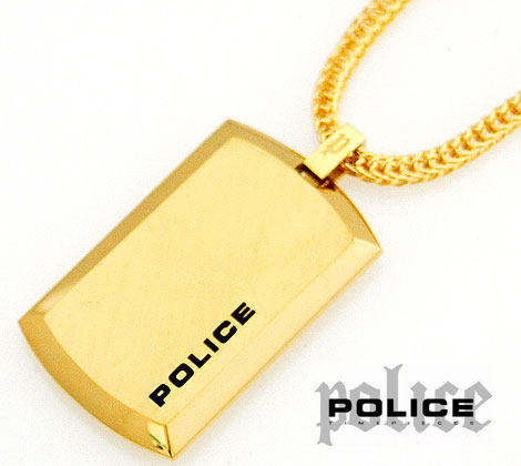 日本代购 POLICE 金色拉丝狗牌不锈钢个性时尚吊坠配饰潮男项链