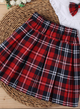 女童格子半身裙儿童短袖长袖衬衫套装演出校服中大童百褶短裙S04