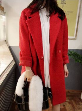 k428韩国女装羊毛圈圈毛呢宽松保暖红色中长款秋冬女大衣外套