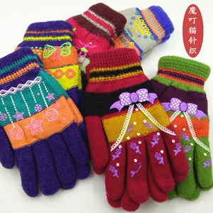冬季天女手套女士双层加绒加厚分指针织毛线户外骑车保暖手套防寒