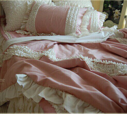 韩国进口豆沙粉米色层层立体木耳荷叶边甜美公主四件套床品