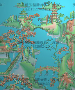 竖向山水精雕图jdp灰度图bmp浮雕图电脑雕刻图精品山水椅背板新款