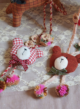 2017年秋冬新款日系森女系 手工布艺小物件 可爱小熊头项链毛衣链