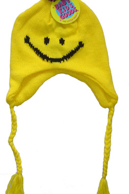 乐天BABY*0-2岁40CM头围黄色笑脸冬季双层腈纶毛线帽护耳帽