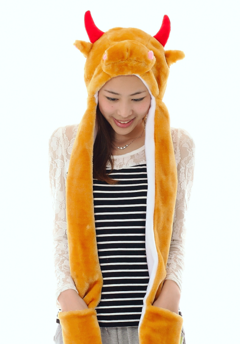 长款90厘米红色牛角卡通动物毛绒帽子卡通3连体帽子六一好礼直销