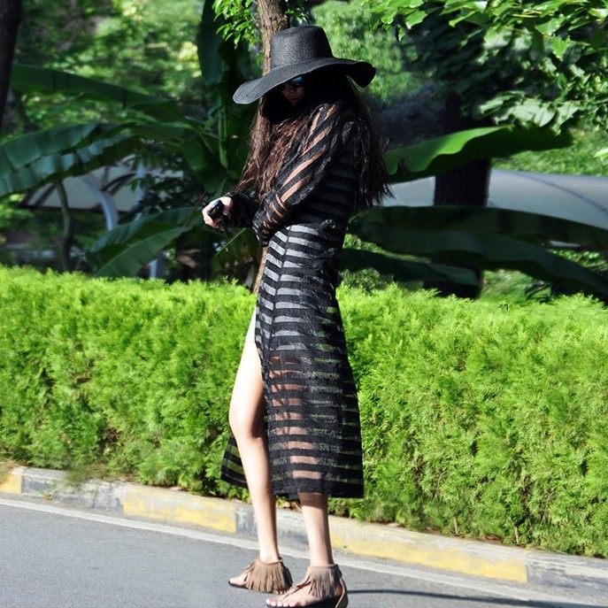 2025新款夏季女装欧美黑色条纹防晒衫宽松超长款欧根纱开衫外套