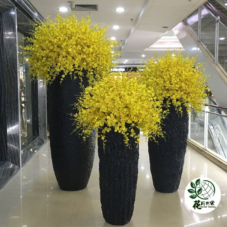 落地黑色大花瓶跳舞兰仿真花套装组合花艺大型商场酒店玄关装饰品