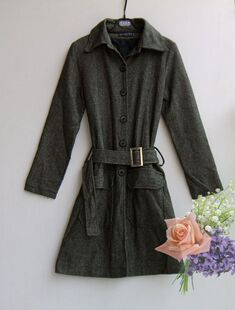 A春秋款女装修身收身腰带风衣薄毛呢长款大衣外套女装155-160