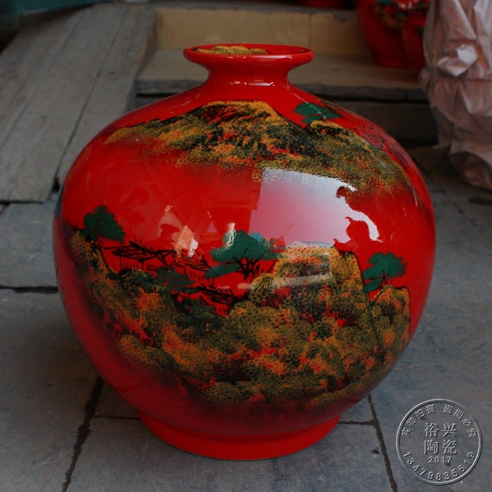 景德镇陶瓷花瓶摆件手绘中国红山水石榴瓶客厅大花瓶摆设招财镇宅