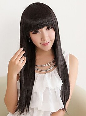 2014新款女士假发黑色齐刘海修脸长直发哑光高温丝整顶逼真假发