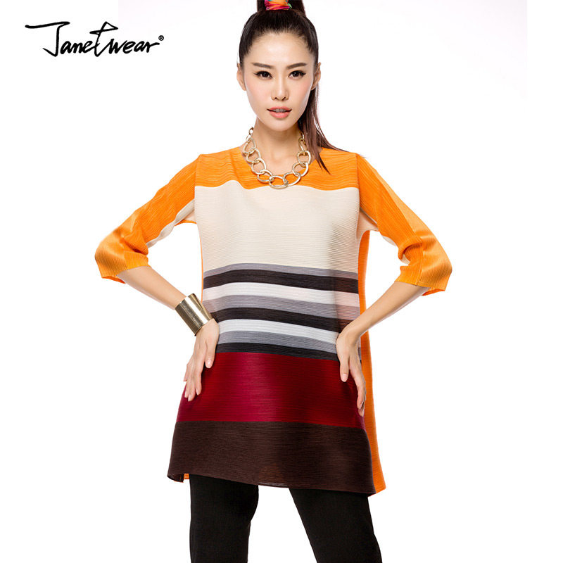 JANETWEAR者-三宅褶皱一生拼色时尚气质横条大码女装连衣裙