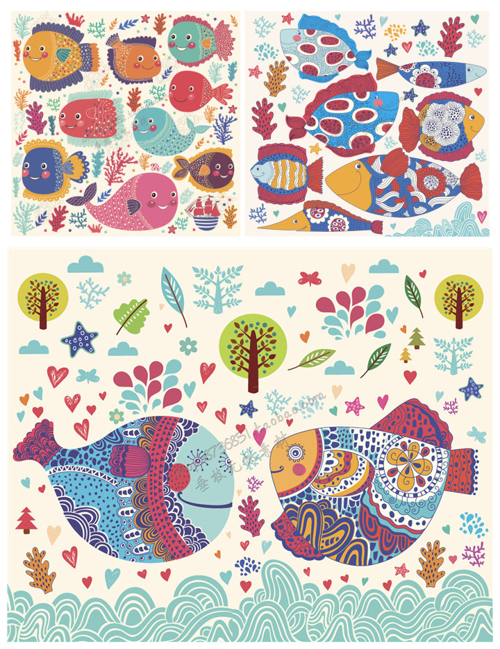 a1891矢量卡通手绘风格海洋鱼类插画图案 ai设计素材